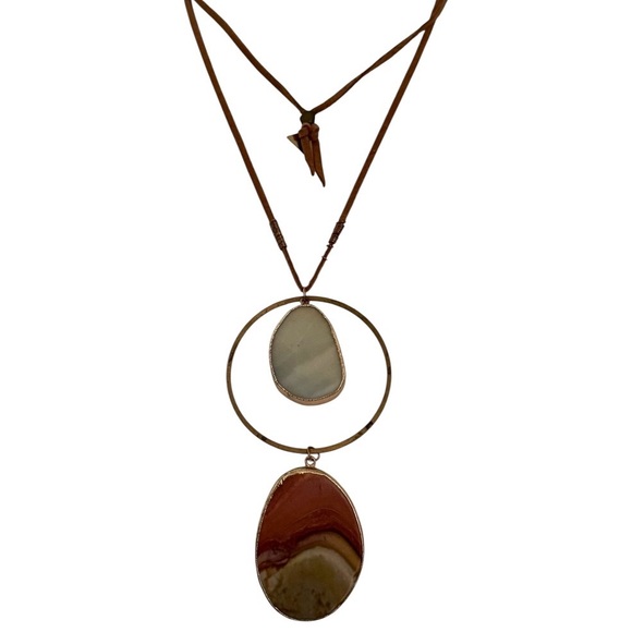 Serefina Long Pendant Statement Necklace Natural Stones and Gold-Tone Circle - Picture 8 of 11